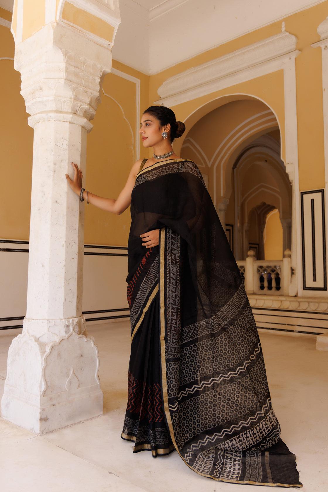 Black Red Pure Kota Silk Hand Block Printed Saree Geroo Jaipur