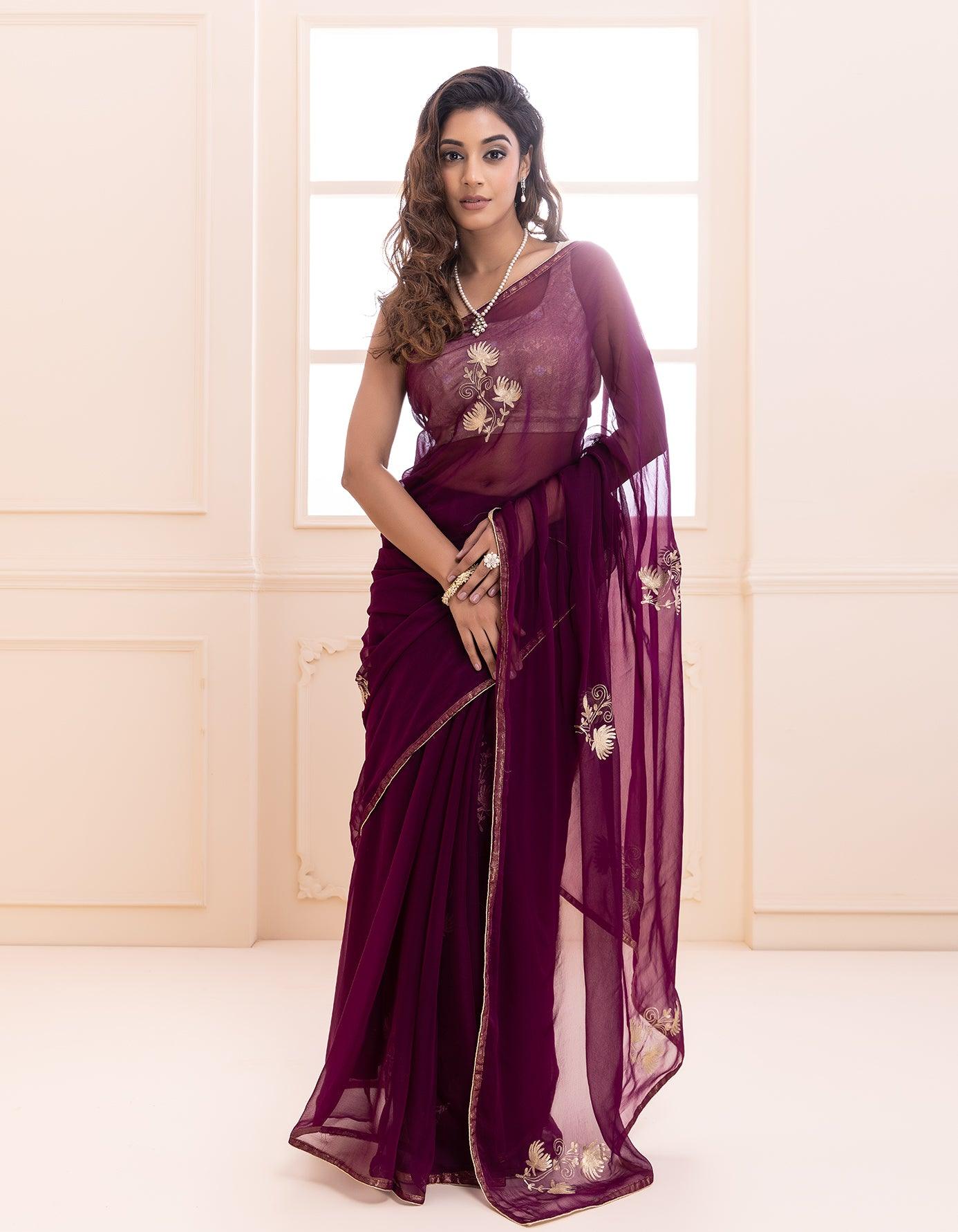 Wine hand embroidered aari work chiffon saree – Geroo Jaipur