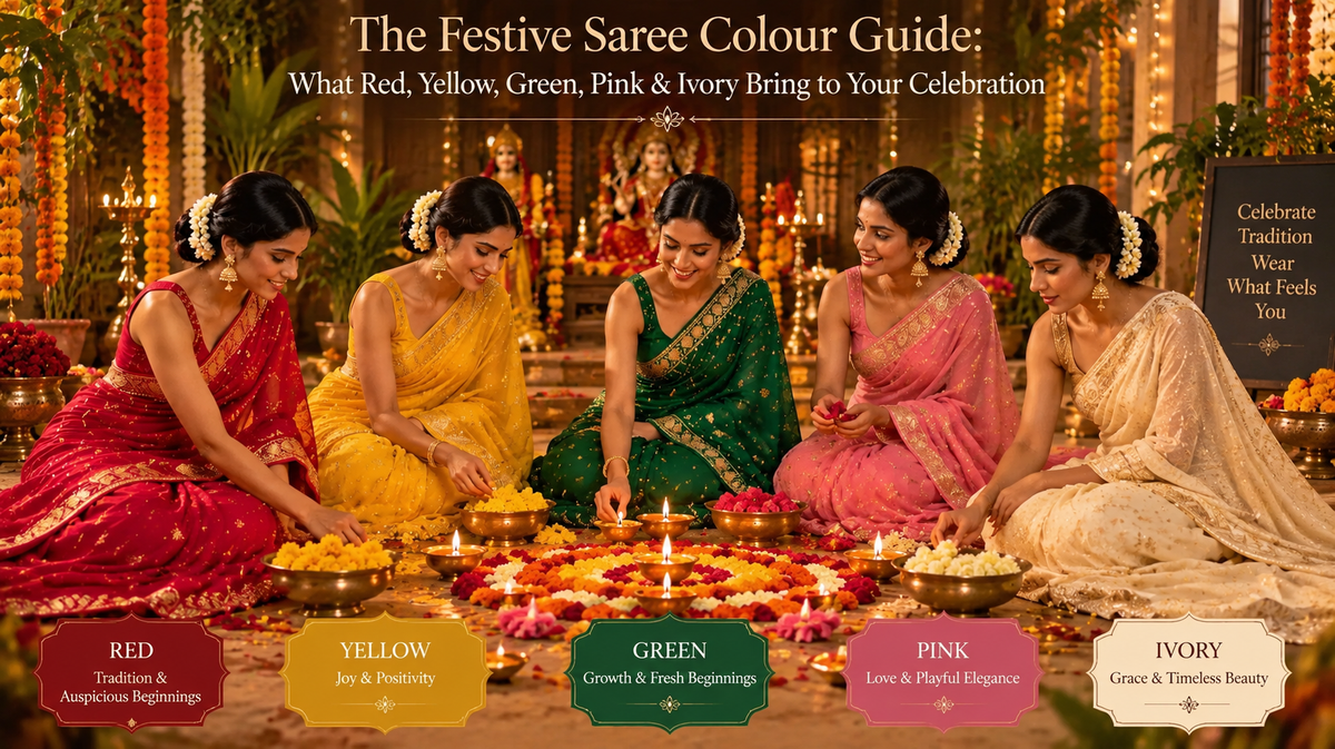 The Festive Saree Colour Guide: What Red, Yellow, Green, Pink & Ivory Bring to Your Celebration