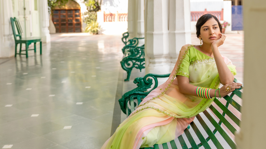 Contemporary saree styling in soft hues with minimal jewellery