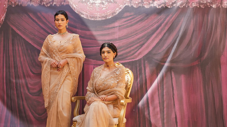 Bridal-style gold sarees with intricate detailing and soft drape
