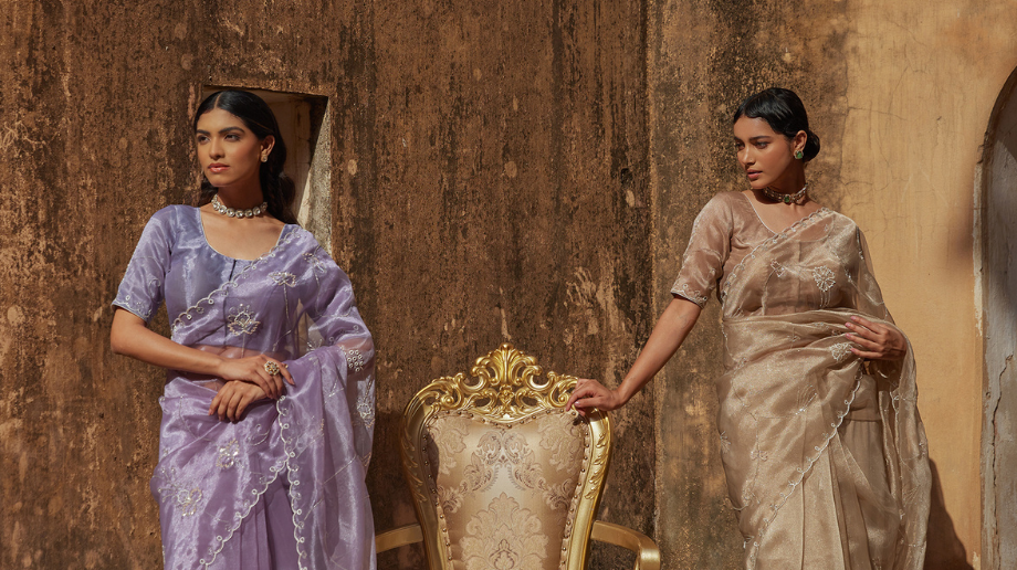 Women in soft pastel sarees posed in a vintage interior