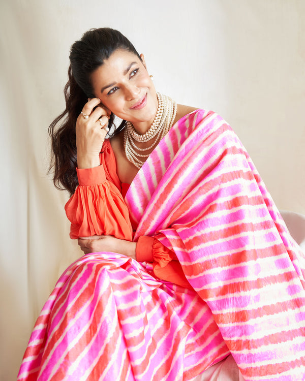 Nimrat Kaur in Pink Pure Tussar Silk Hand-Dyed Leheriya Saree