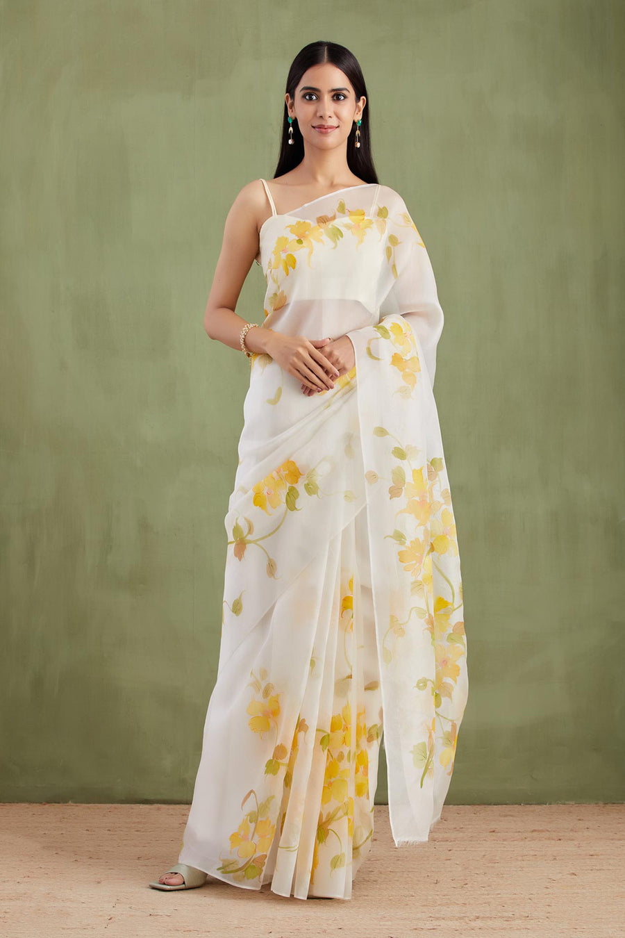 Off-White Hand Painted Pure Organza Saree