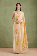 Beige Hand Painted Chiffon Saree With Mukaish Work