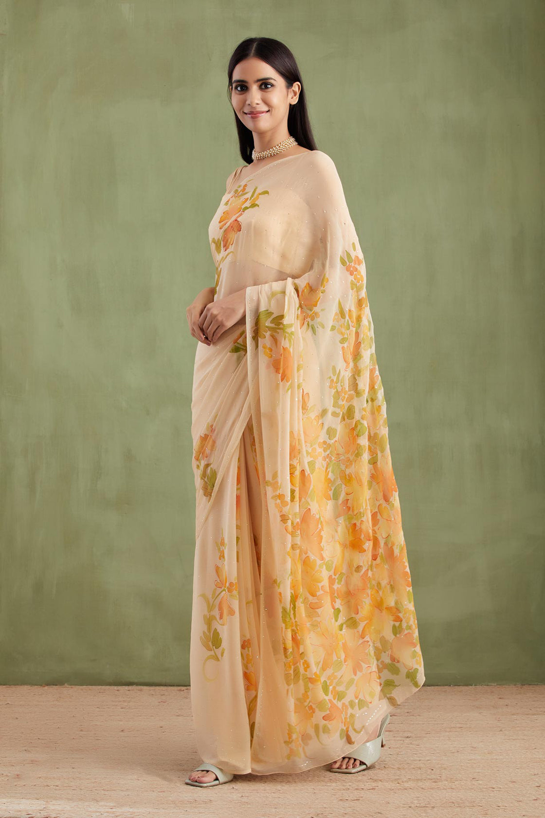Beige Hand Painted Chiffon Saree With Mukaish Work