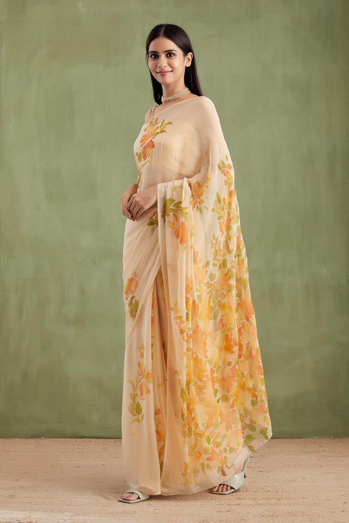 Beige Hand Painted Chiffon Saree With Mukaish Work