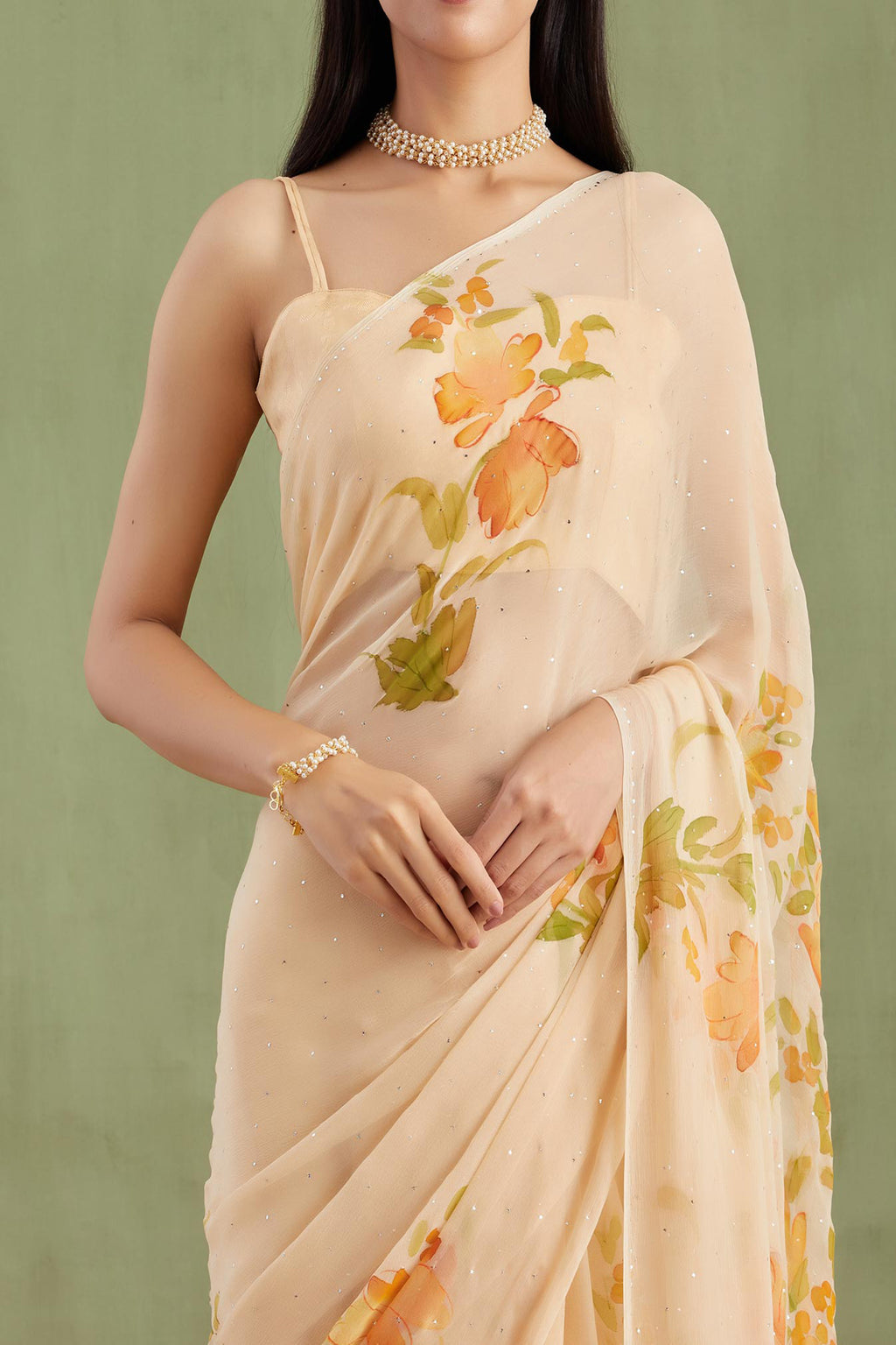 Beige Hand Painted Chiffon Saree With Mukaish Work