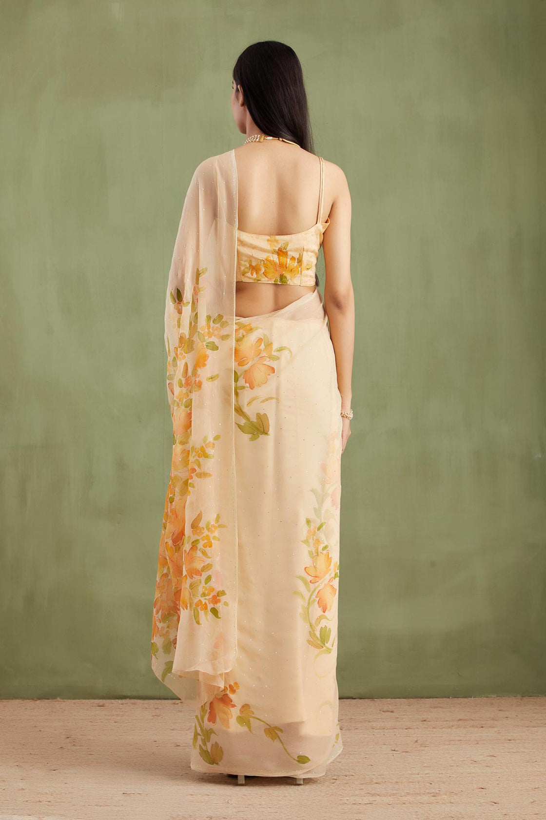 Beige Hand Painted Chiffon Saree With Mukaish Work