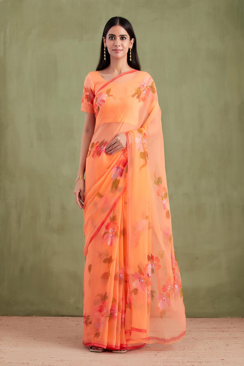 Orange Hand Painted Floral Chiffon Saree