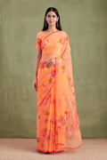 Orange  Hand Painted Floral Chiffon Saree