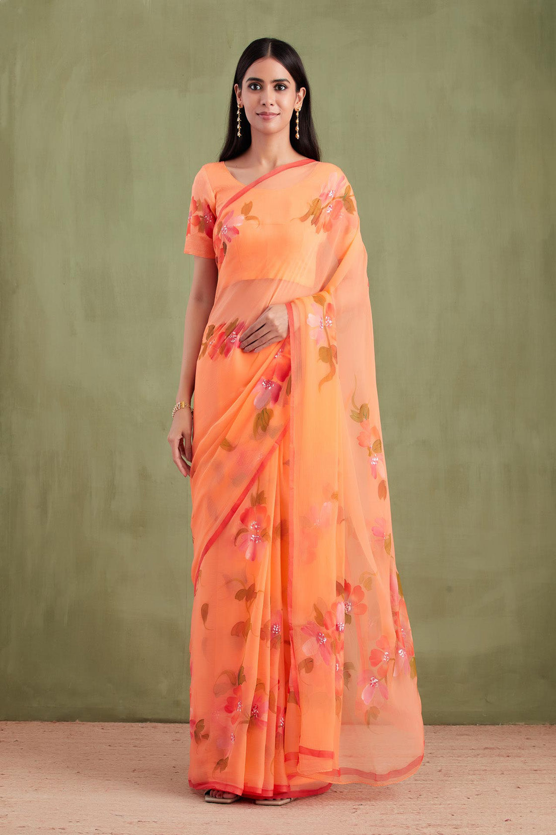 Orange Hand Painted Floral Chiffon Saree