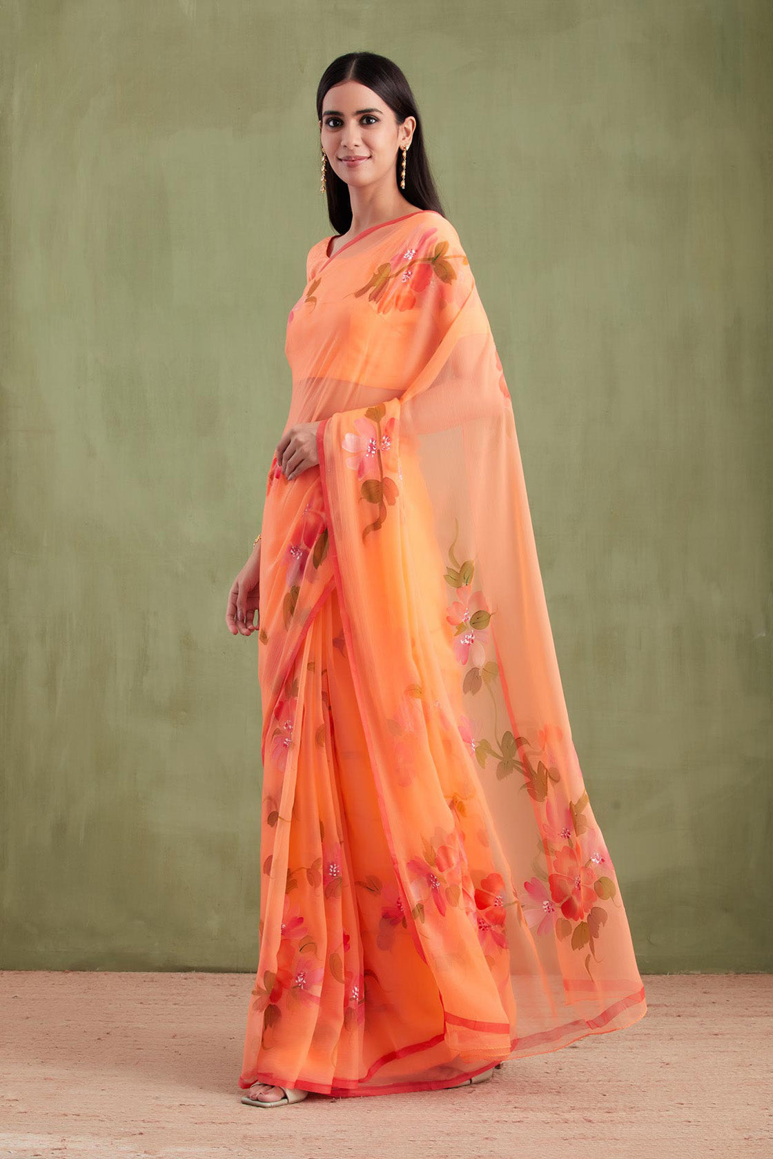 Orange Hand Painted Floral Chiffon Saree