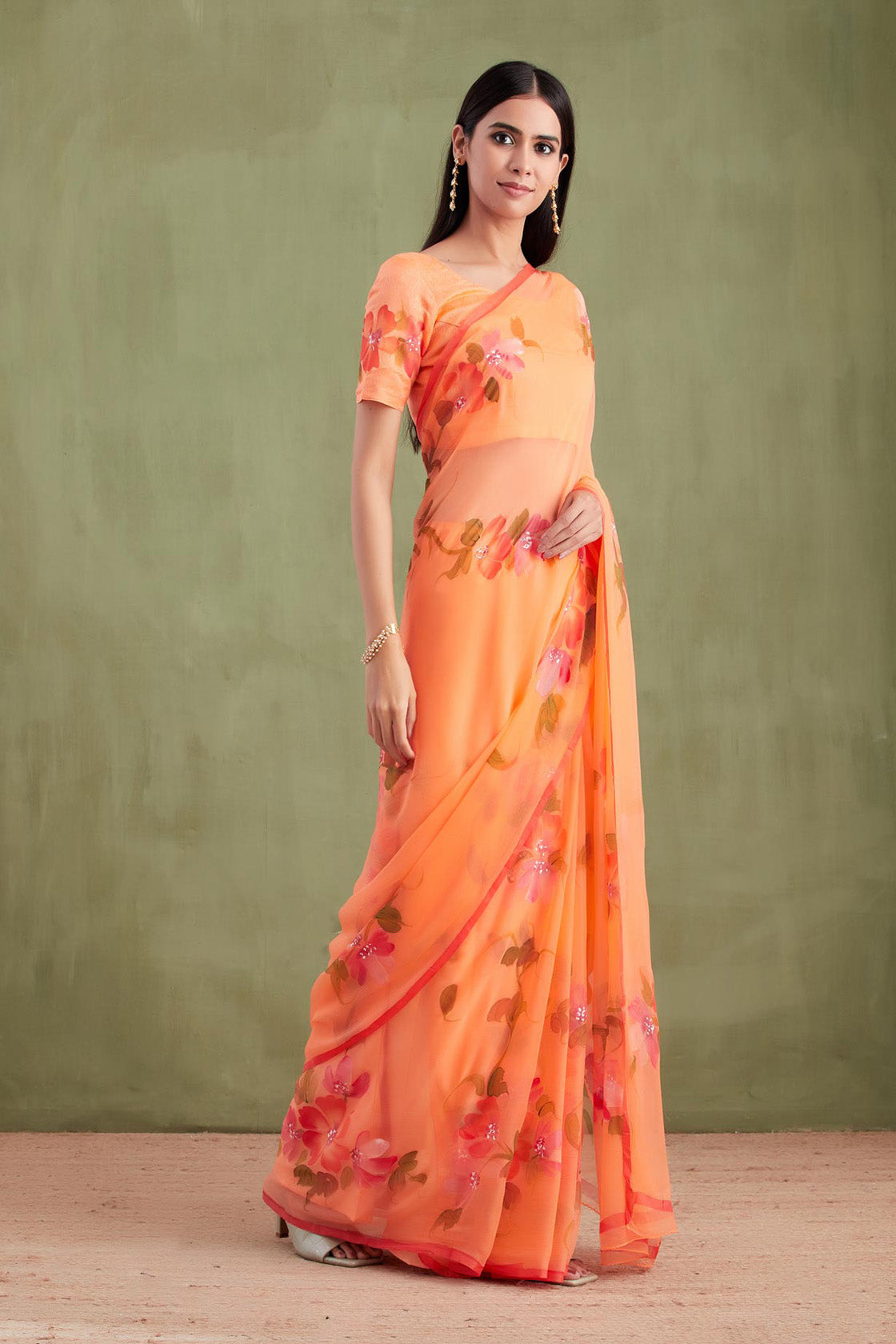 Orange Hand Painted Floral Chiffon Saree