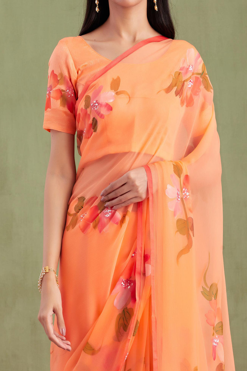 Orange Hand Painted Floral Chiffon Saree