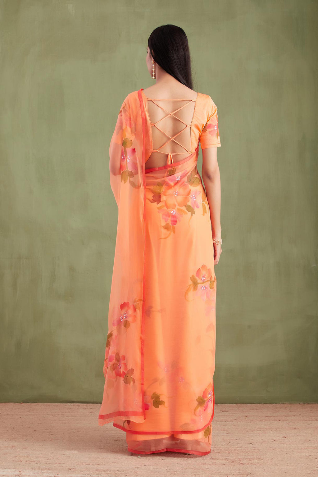 Orange Hand Painted Floral Chiffon Saree