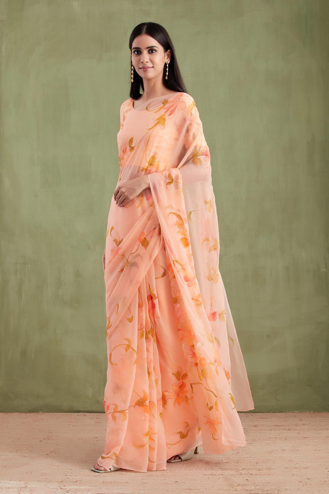 Orange Hand Painted Chiffon Saree With Mukaish Work