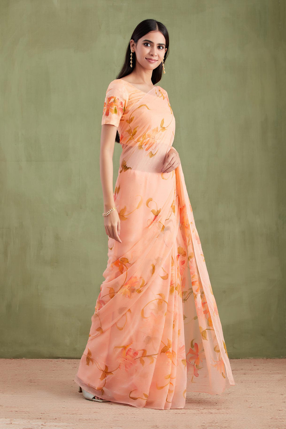 Orange Hand Painted Chiffon Saree With Mukaish Work