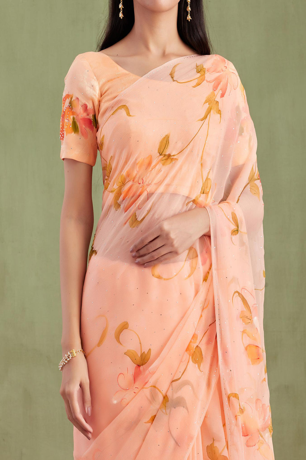 Orange Hand Painted Chiffon Saree With Mukaish Work
