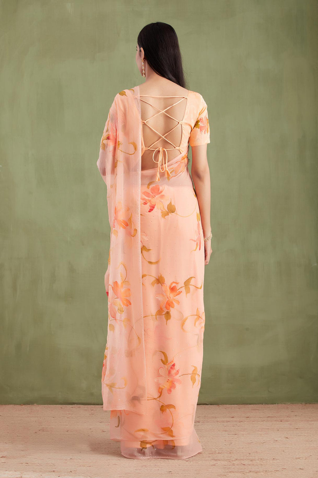Orange Hand Painted Chiffon Saree With Mukaish Work