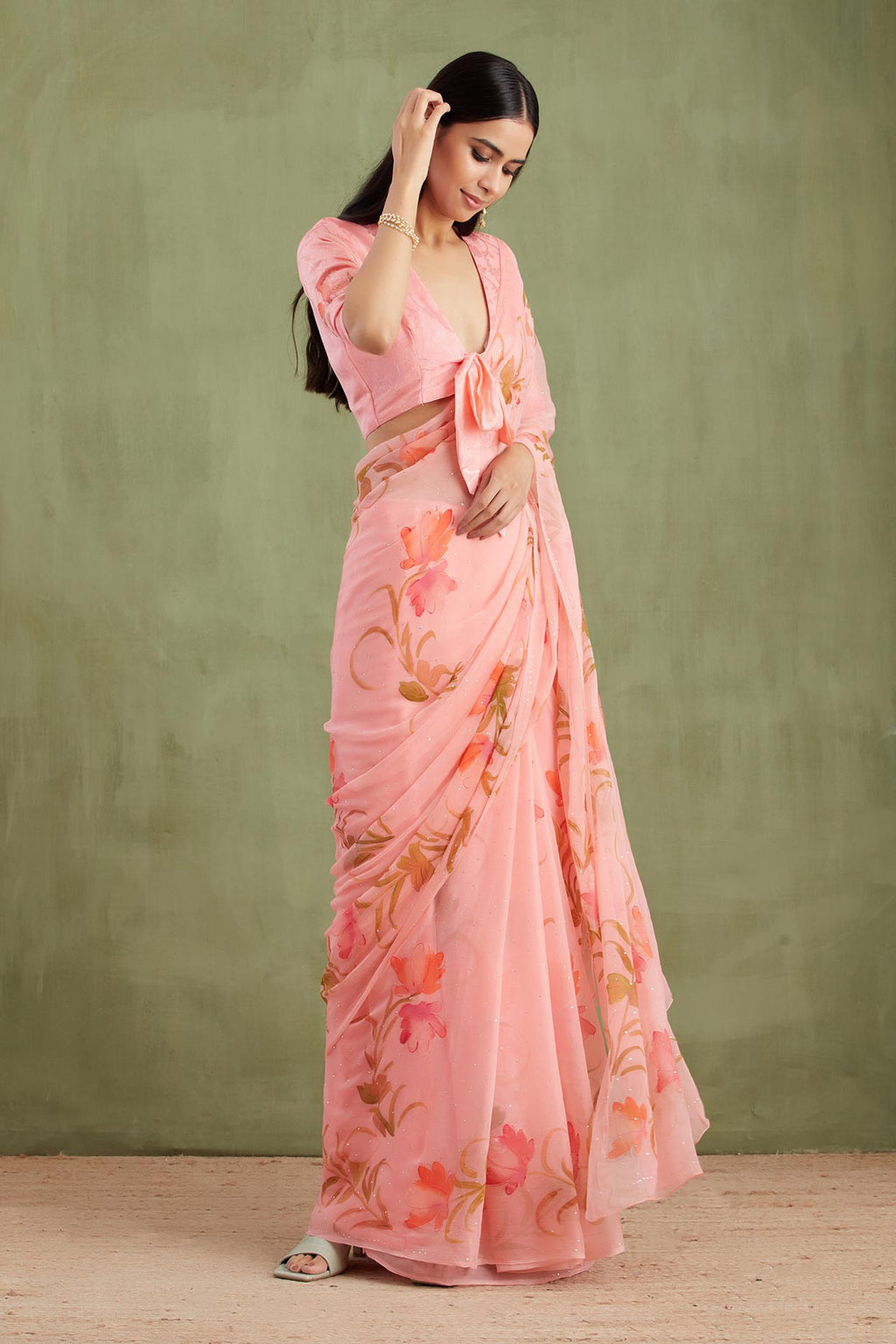 Peach Hand Painted Mukaish Work Chiffon Saree