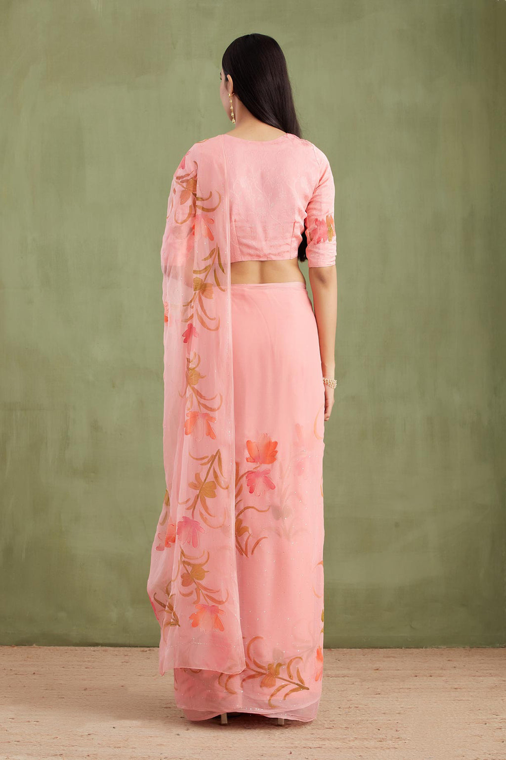 Peach Hand Painted Mukaish Work Chiffon Saree