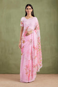 Pink Floral Hand Painted Mukaish Work Chiffon Saree