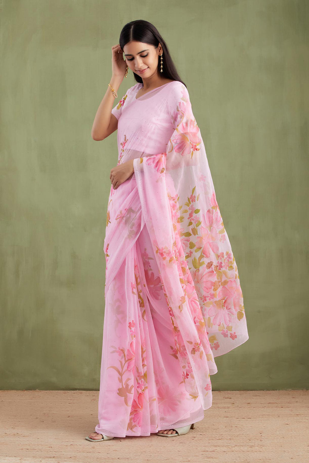 Pink Floral Hand Painted Mukaish Work Chiffon Saree