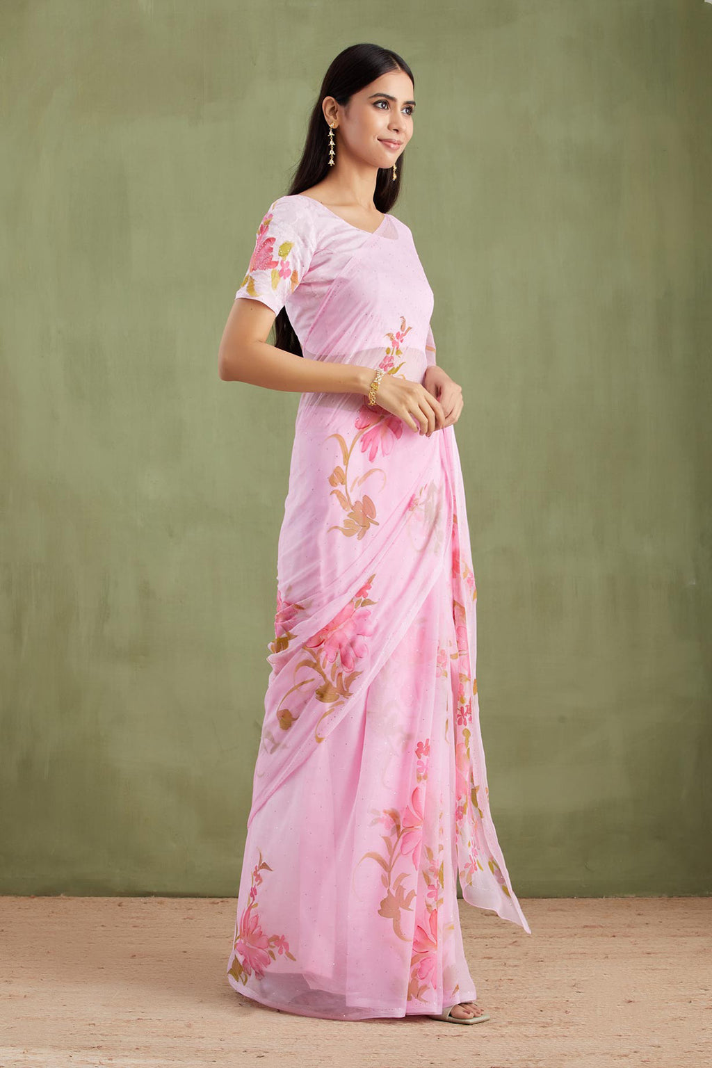 Pink Floral Hand Painted Mukaish Work Chiffon Saree