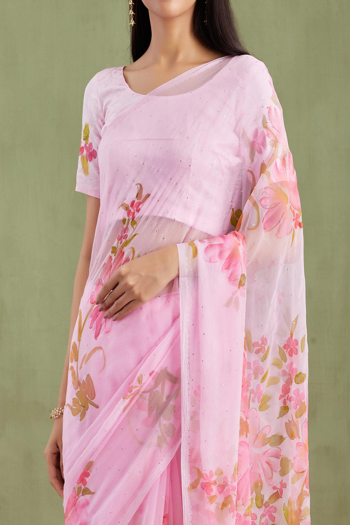 Pink Floral Hand Painted Mukaish Work Chiffon Saree