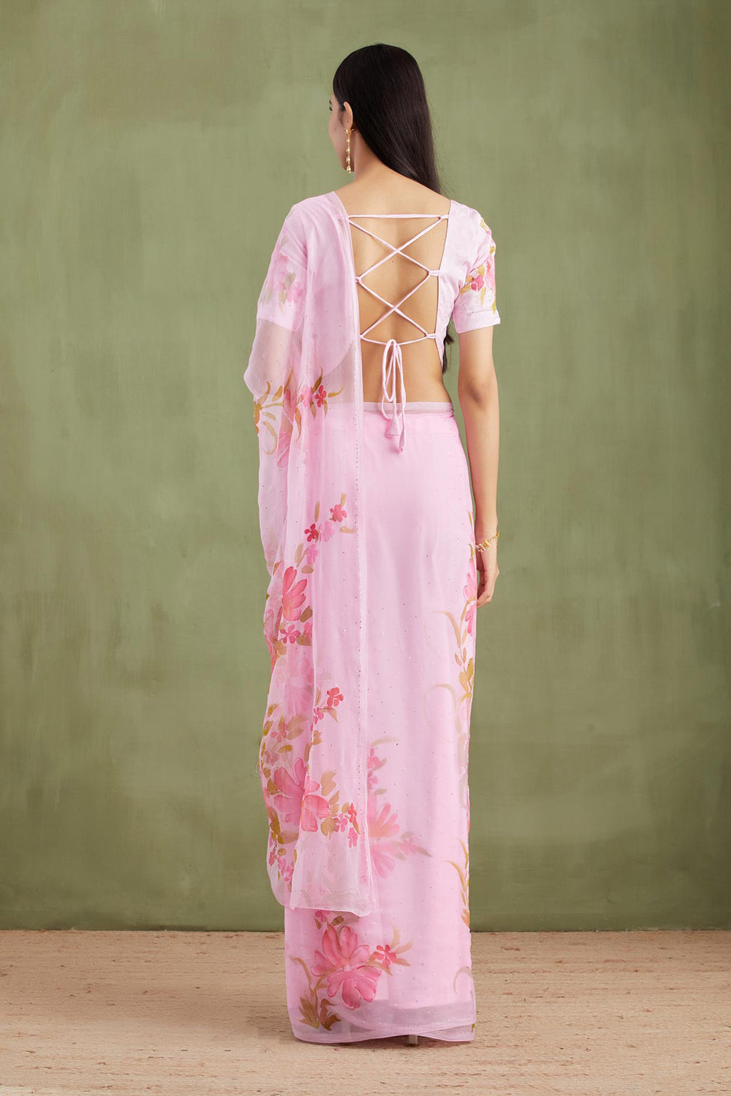 Pink Floral Hand Painted Mukaish Work Chiffon Saree