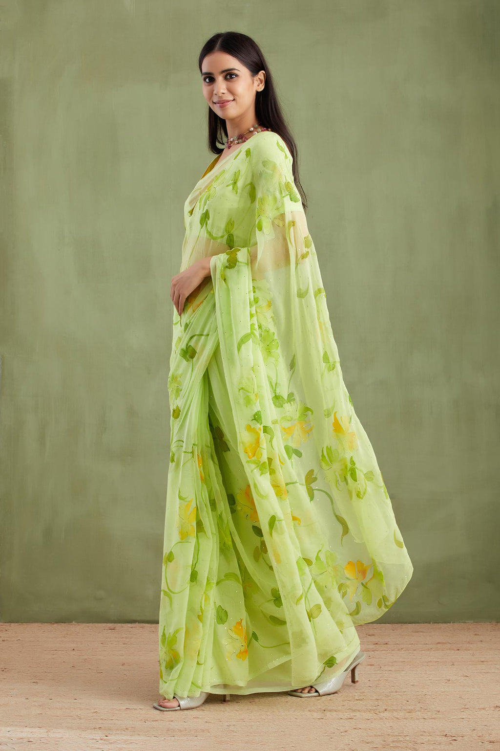 Green Hand Painted Chiffon Saree With Mukaish Work
