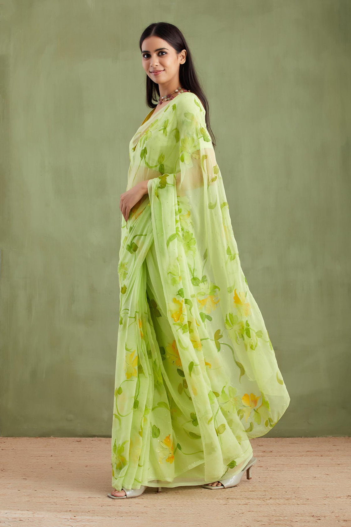 Green Hand Painted Chiffon Saree With Mukaish Work