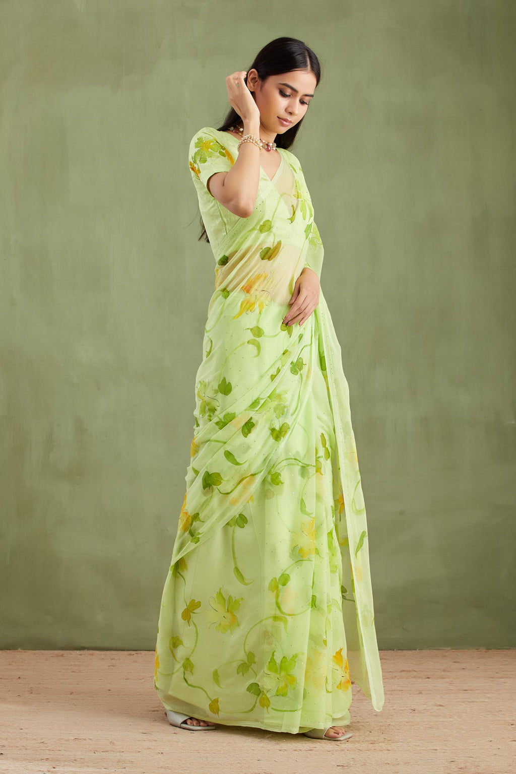 Green Hand Painted Chiffon Saree With Mukaish Work