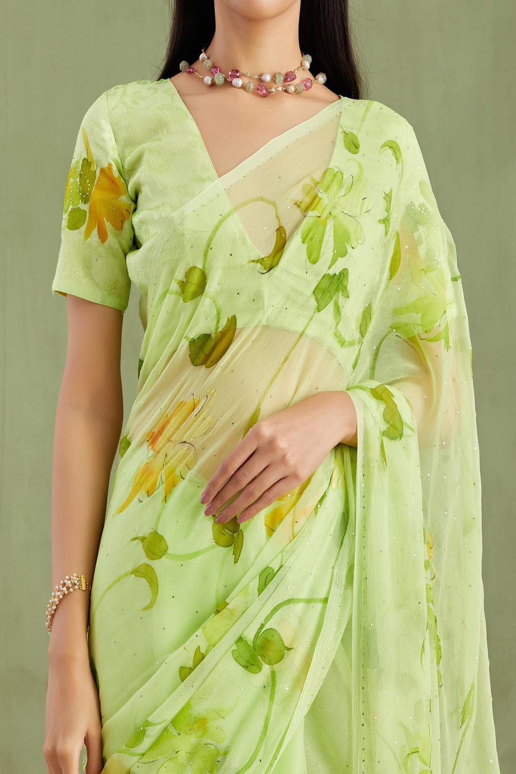 Green Hand Painted Chiffon Saree With Mukaish Work