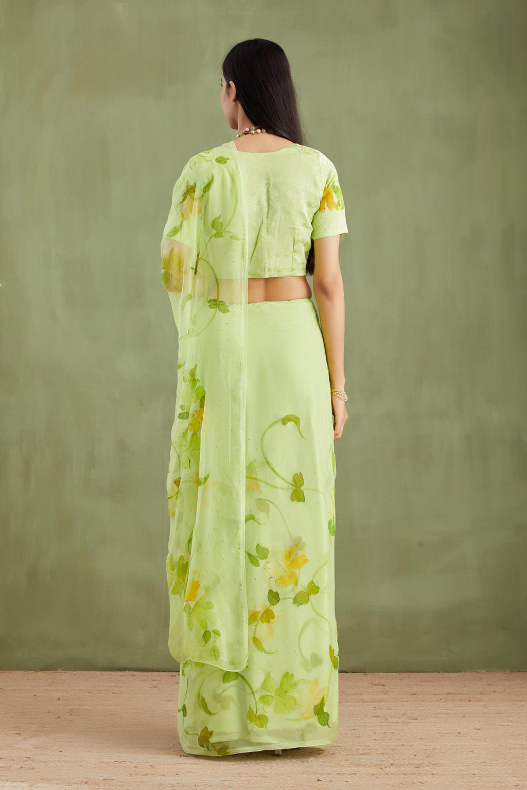 Green Hand Painted Chiffon Saree With Mukaish Work