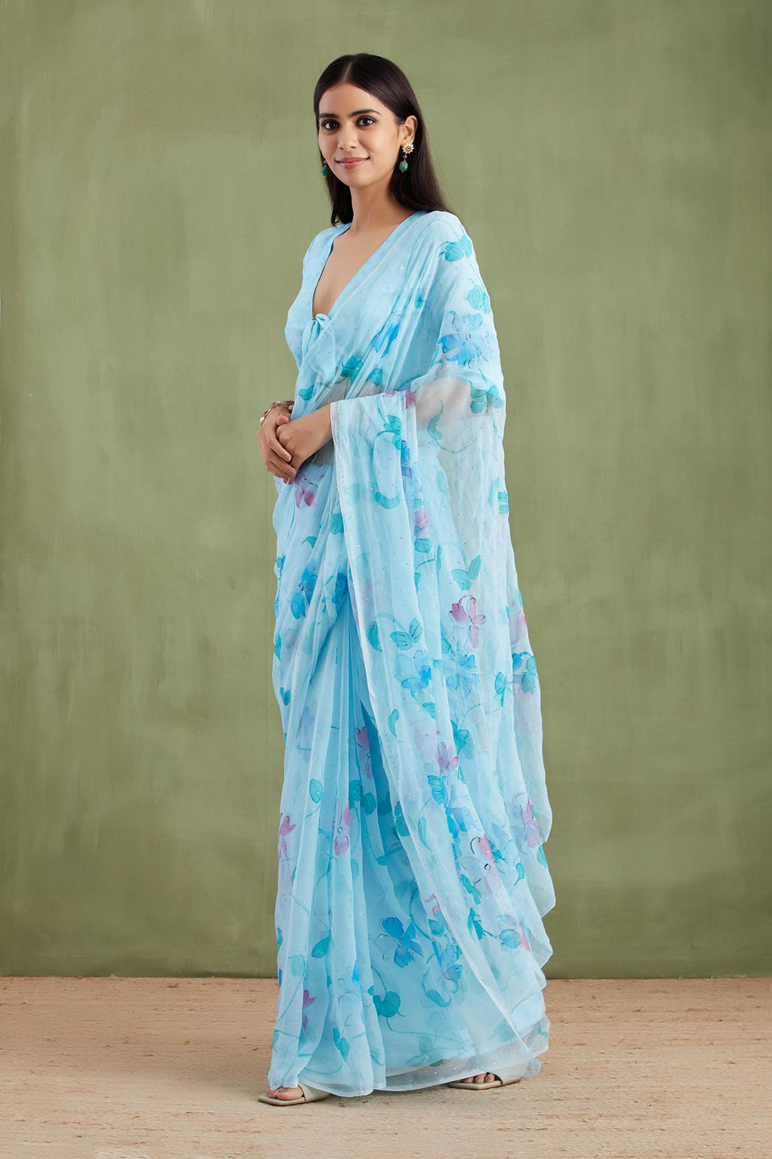 Nimrat Kaur In Blue Hand-Painted Chiffon Saree With Mukaish Work