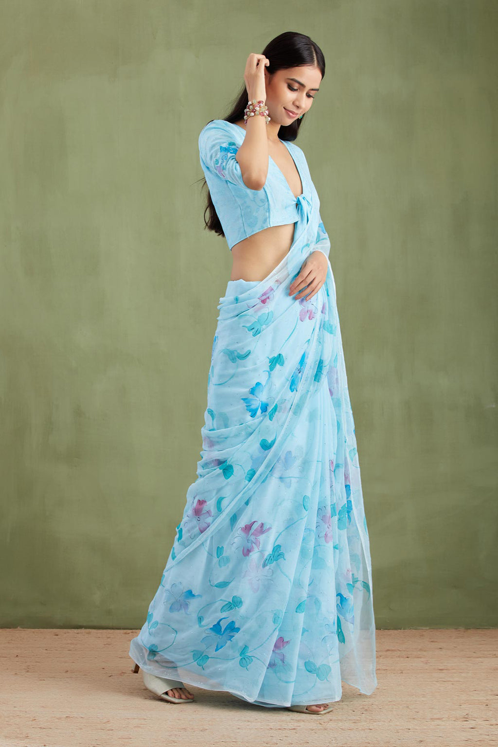 Nimrat Kaur In Blue Hand-Painted Chiffon Saree With Mukaish Work
