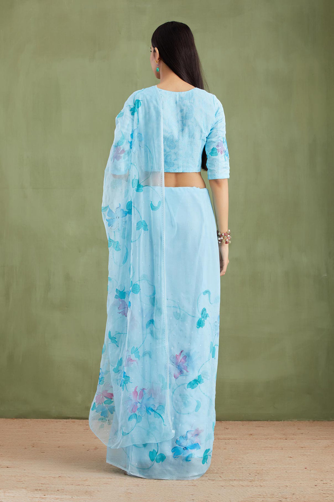 Nimrat Kaur In Blue Hand-Painted Chiffon Saree With Mukaish Work