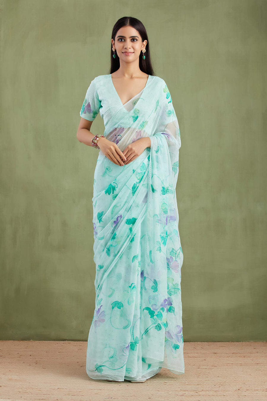 Sea Green Hand Painted Chiffon Saree With Mukaish Work