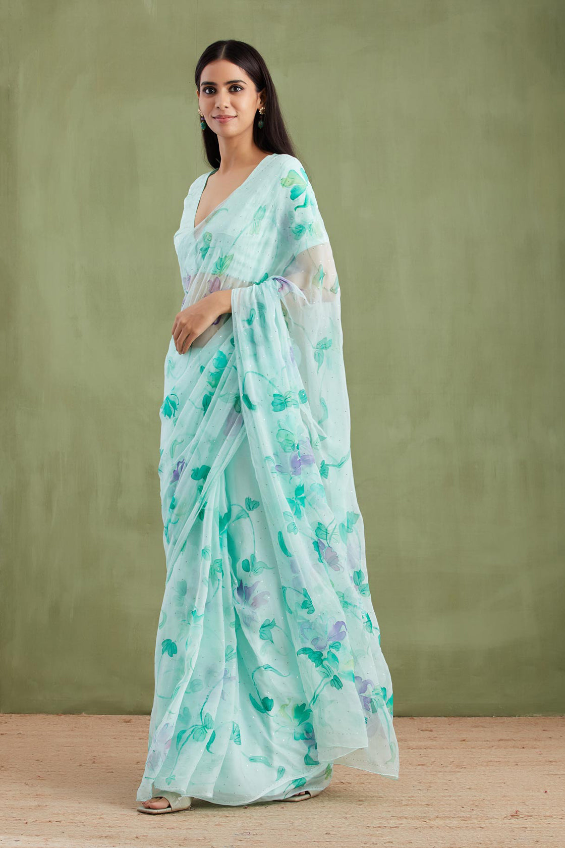 Sea Green Hand Painted Chiffon Saree With Mukaish Work