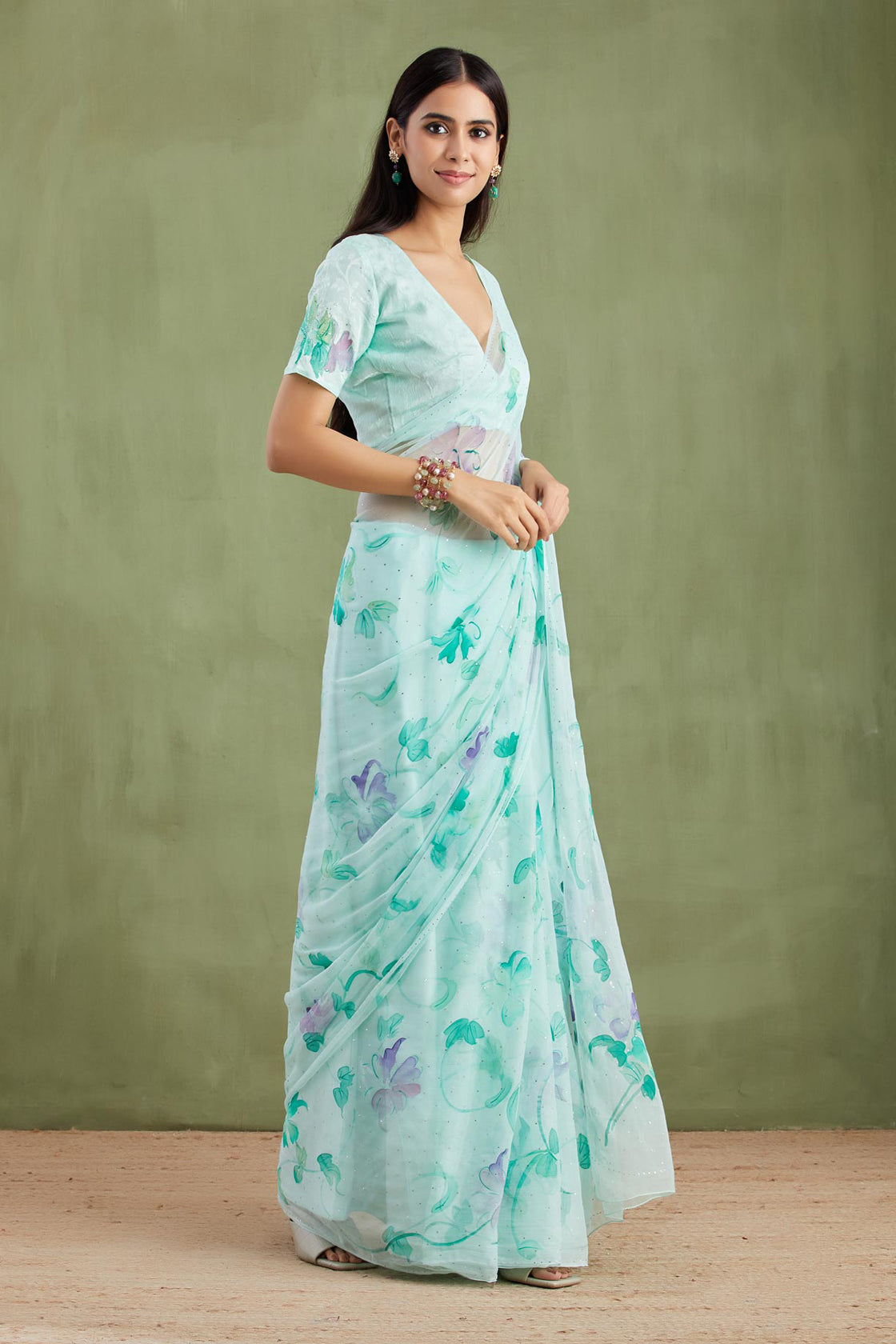 Sea Green Hand Painted Chiffon Saree With Mukaish Work