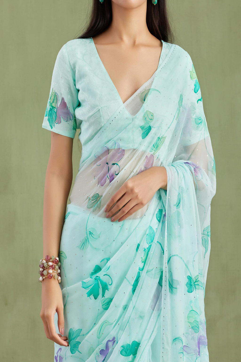 Sea Green Hand Painted Chiffon Saree With Mukaish Work