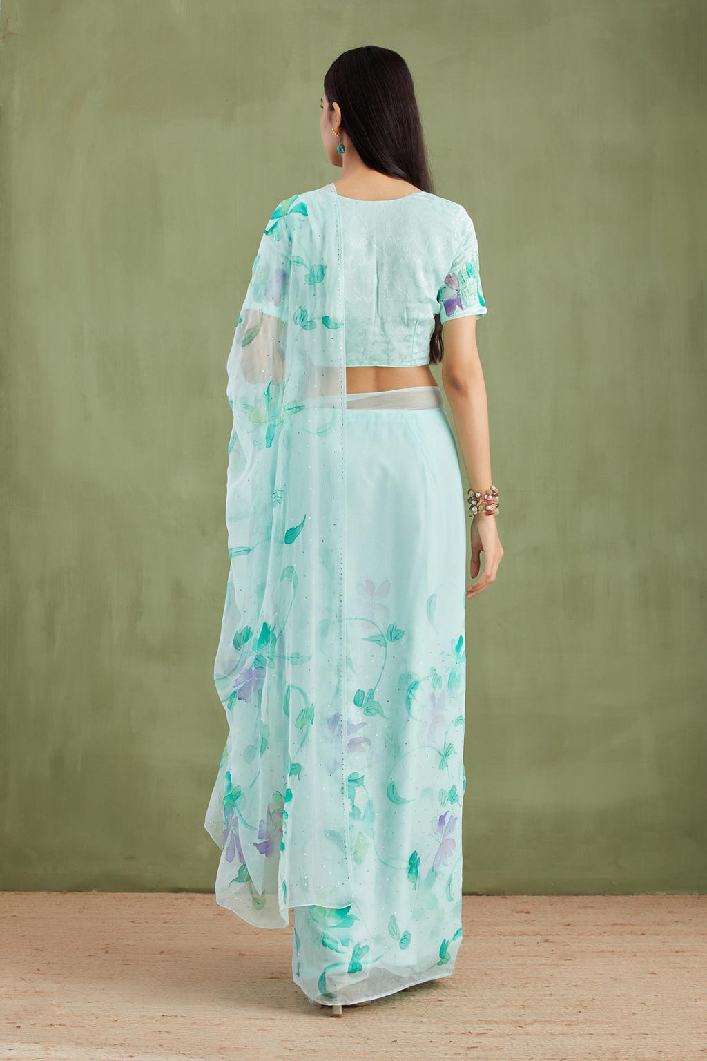 Sea Green Hand Painted Chiffon Saree With Mukaish Work