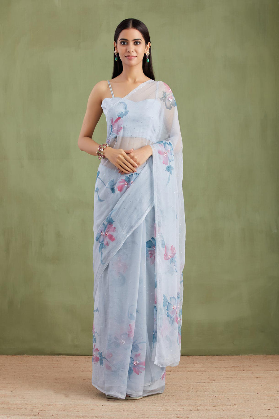 Grey Hand Painted Chiffon Saree With Mukaish Work