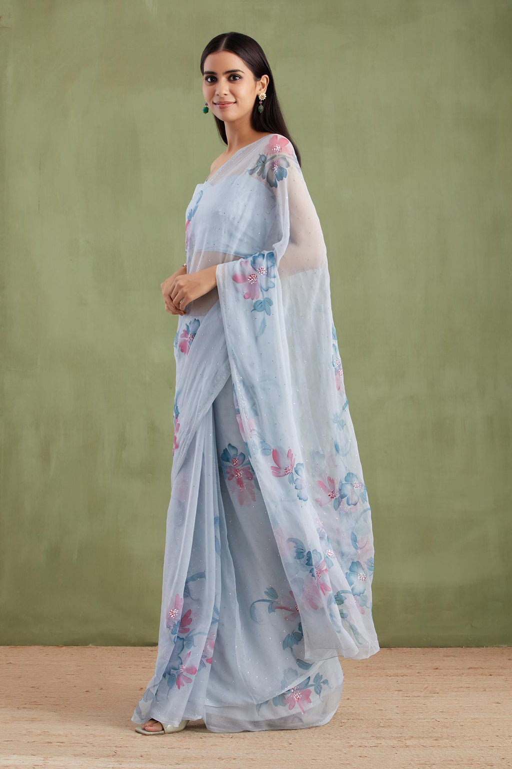 Grey Hand Painted Chiffon Saree With Mukaish Work