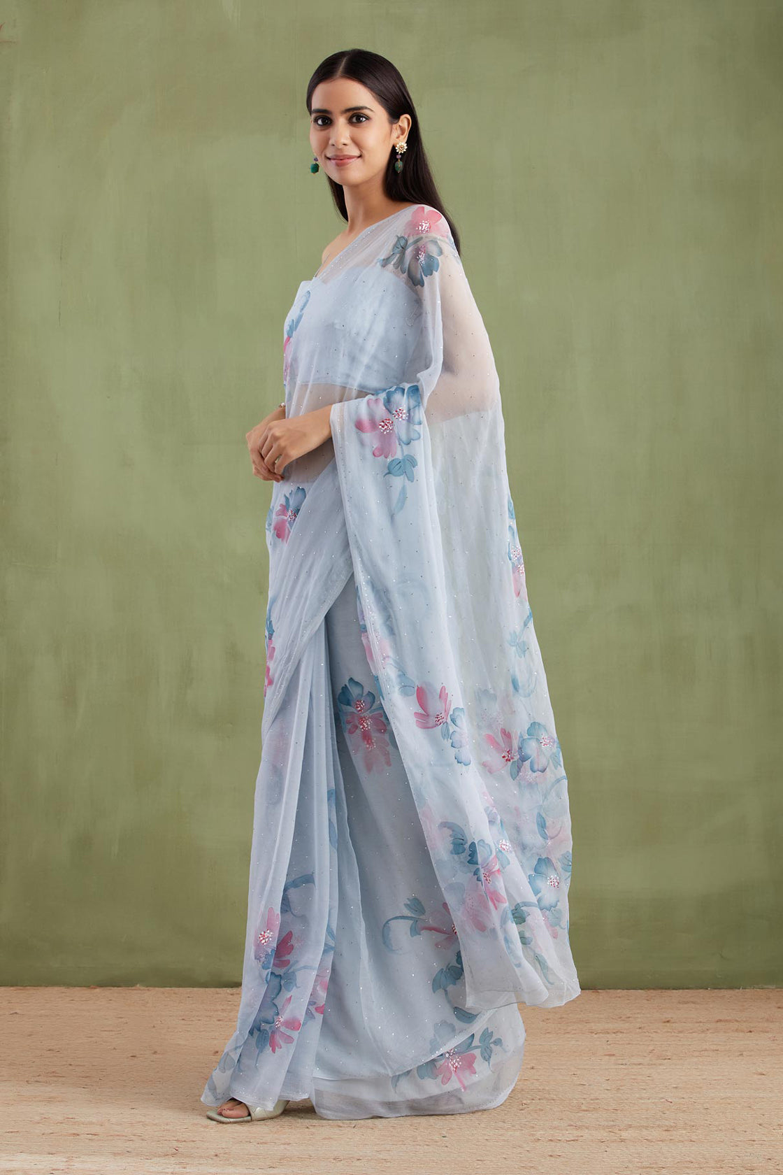 Grey Hand Painted Chiffon Saree With Mukaish Work