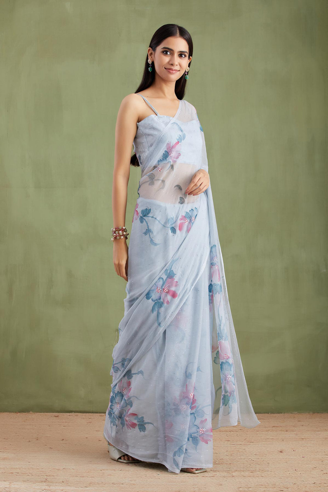 Grey Hand Painted Chiffon Saree With Mukaish Work