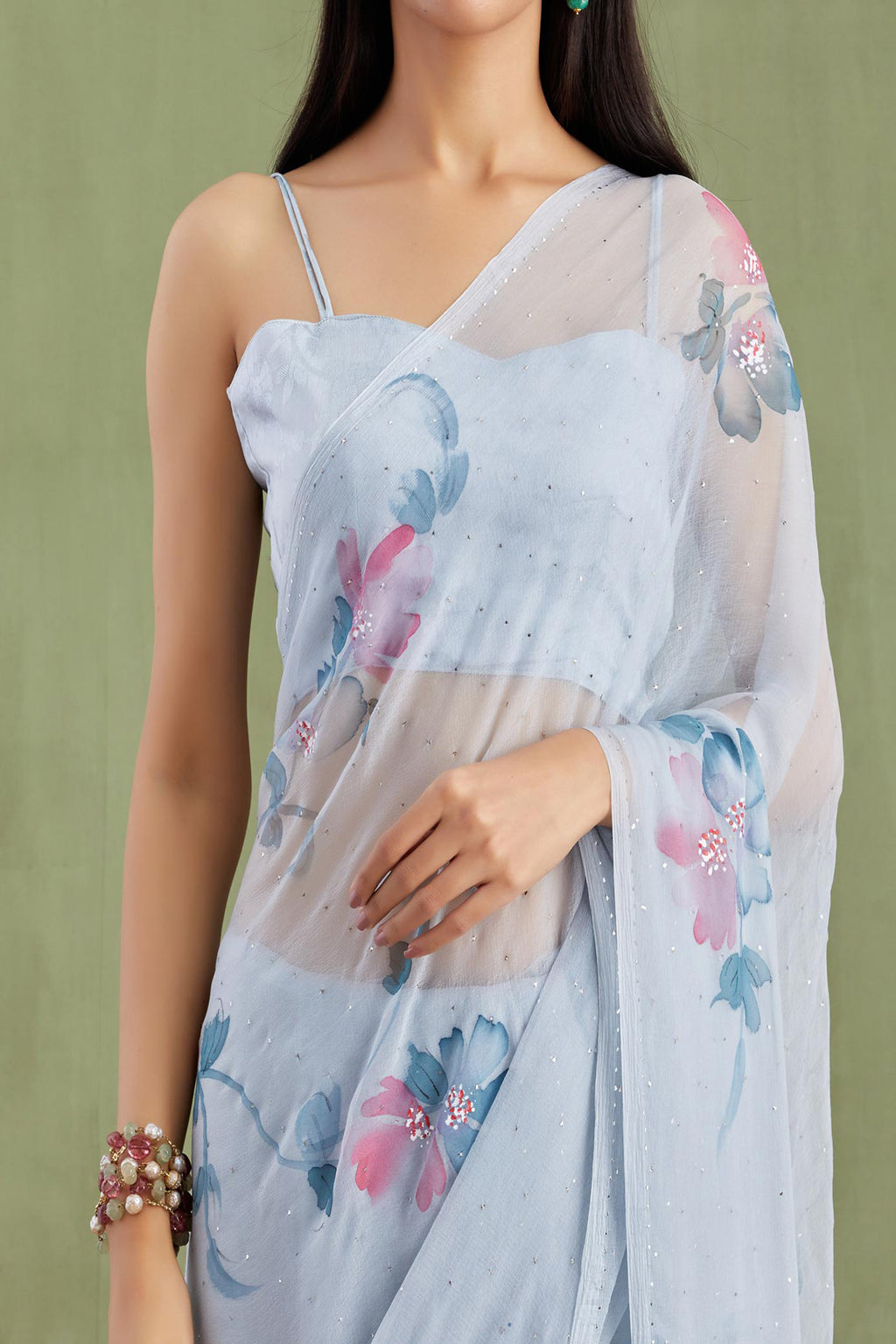 Grey Hand Painted Chiffon Saree With Mukaish Work