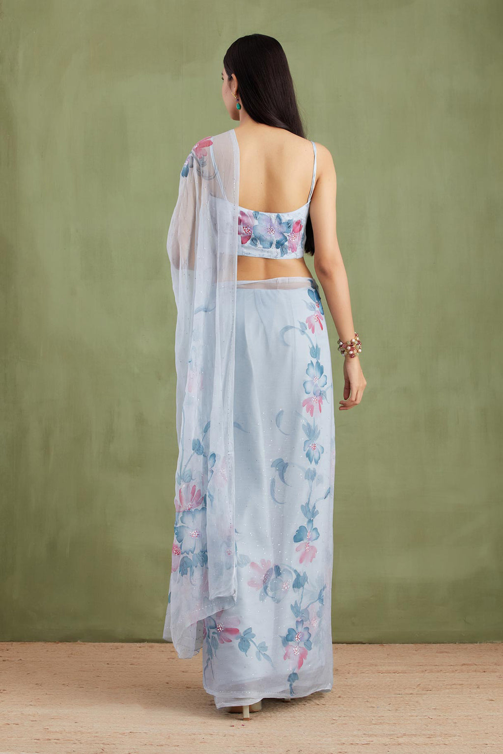Grey Hand Painted Chiffon Saree With Mukaish Work